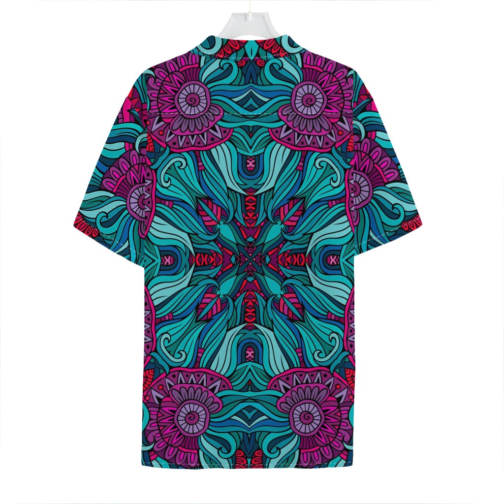 Ethnic Teal Bohemian Pattern Print Hawaiian Shirt