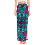 Ethnic Teal Bohemian Pattern Print High Slit Maxi Skirt