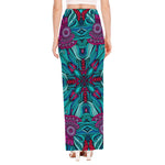 Ethnic Teal Bohemian Pattern Print High Slit Maxi Skirt