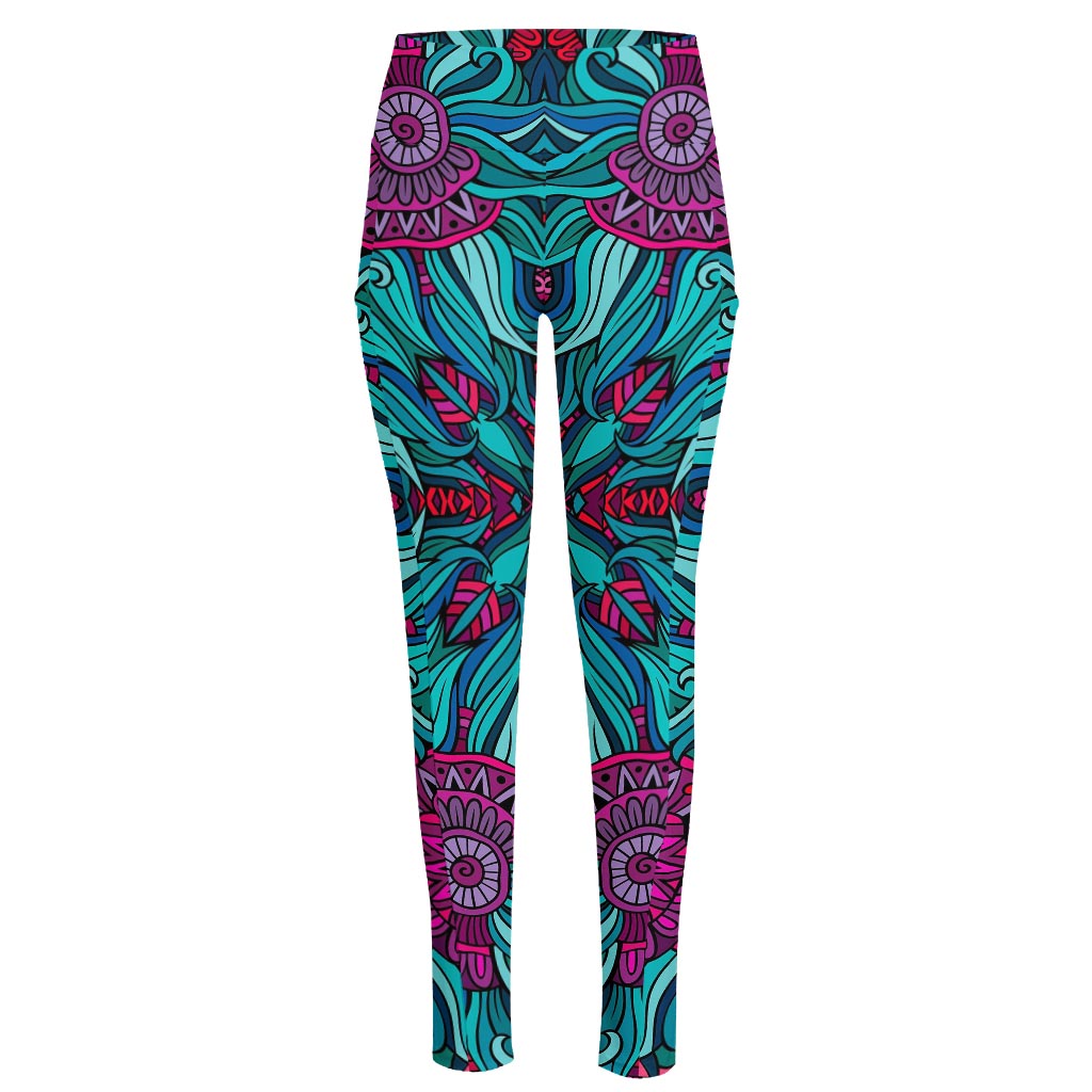 Ethnic Teal Bohemian Pattern Print High-Waisted Pocket Leggings