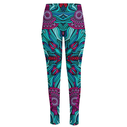 Ethnic Teal Bohemian Pattern Print High-Waisted Pocket Leggings