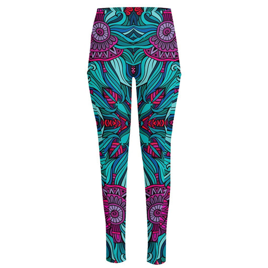 Ethnic Teal Bohemian Pattern Print High-Waisted Pocket Leggings