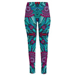 Ethnic Teal Bohemian Pattern Print High-Waisted Pocket Leggings