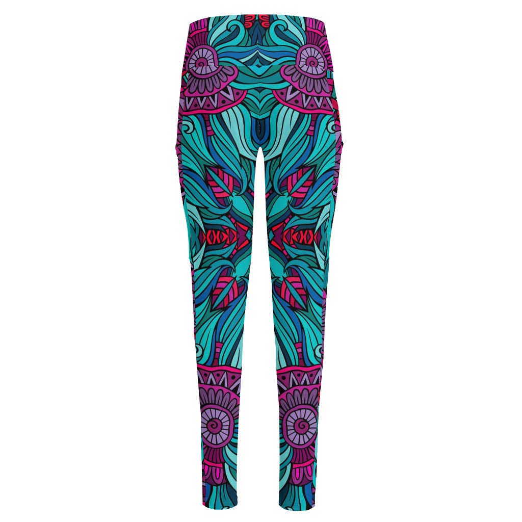 Ethnic Teal Bohemian Pattern Print High-Waisted Pocket Leggings