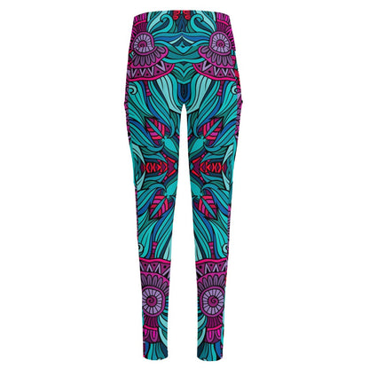 Ethnic Teal Bohemian Pattern Print High-Waisted Pocket Leggings