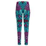 Ethnic Teal Bohemian Pattern Print High-Waisted Pocket Leggings