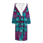 Ethnic Teal Bohemian Pattern Print Hooded Bathrobe