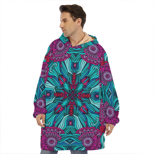 Ethnic Teal Bohemian Pattern Print Hoodie Blanket