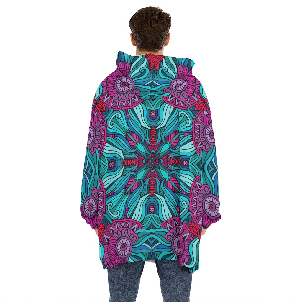 Ethnic Teal Bohemian Pattern Print Hoodie Blanket