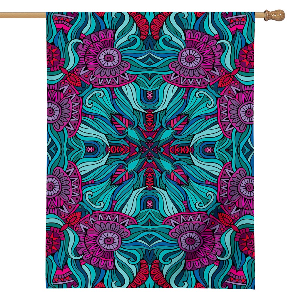 Ethnic Teal Bohemian Pattern Print House Flag