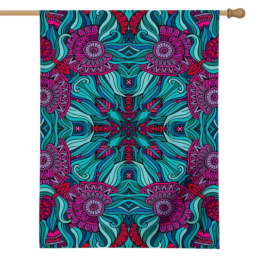 Ethnic Teal Bohemian Pattern Print House Flag