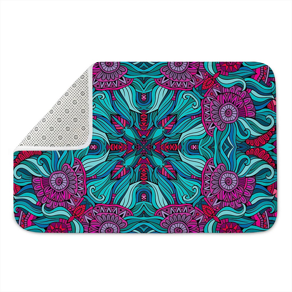 Ethnic Teal Bohemian Pattern Print Indoor Door Mat