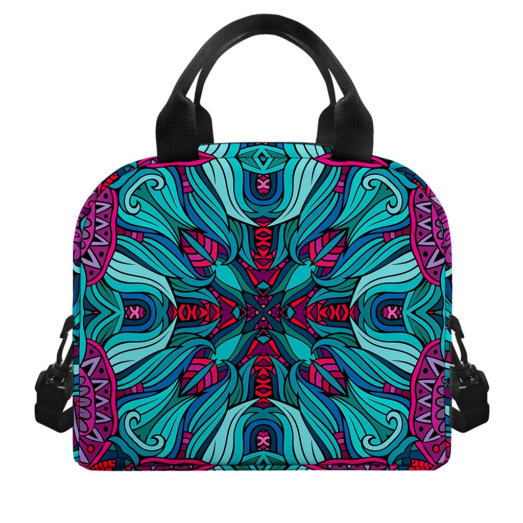 Ethnic Teal Bohemian Pattern Print Insulated Lunch Bag