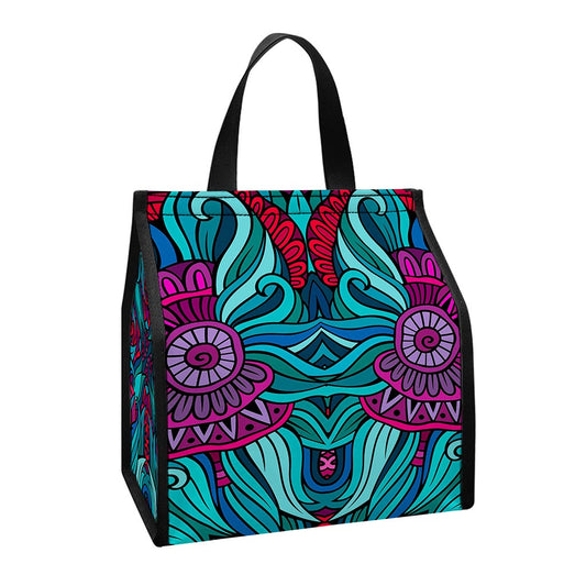 Ethnic Teal Bohemian Pattern Print Insulated Lunch Tote