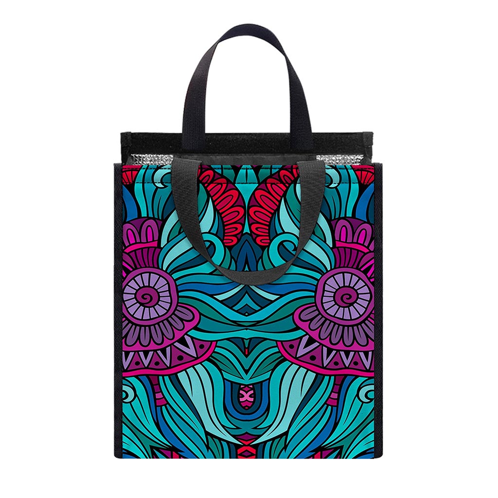 Ethnic Teal Bohemian Pattern Print Insulated Lunch Tote