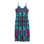 Ethnic Teal Bohemian Pattern Print Jersey Midi Cami Dress