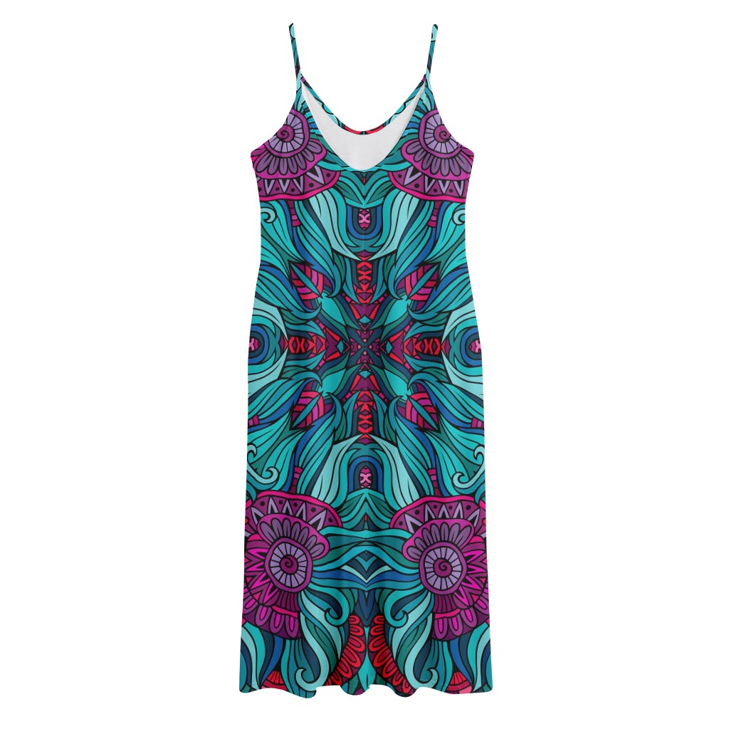 Ethnic Teal Bohemian Pattern Print Jersey Midi Cami Dress