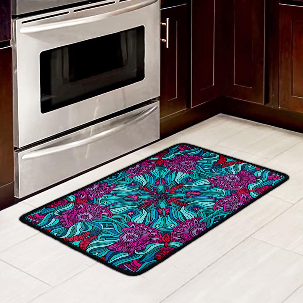Ethnic Teal Bohemian Pattern Print Kitchen Mat