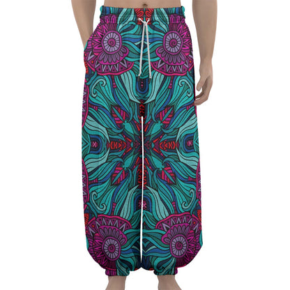 Ethnic Teal Bohemian Pattern Print Lantern Pants