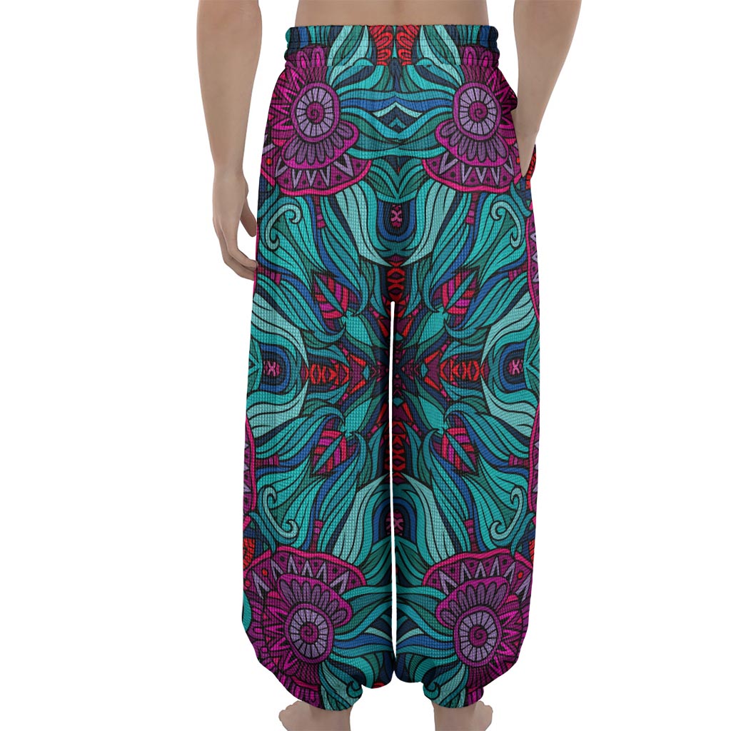 Ethnic Teal Bohemian Pattern Print Lantern Pants