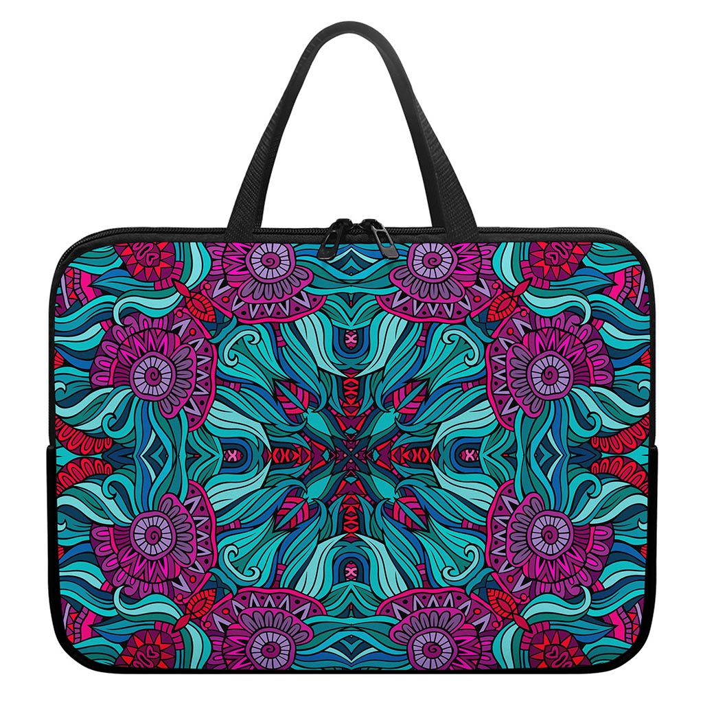 Ethnic Teal Bohemian Pattern Print Laptop Sleeve With Handle
