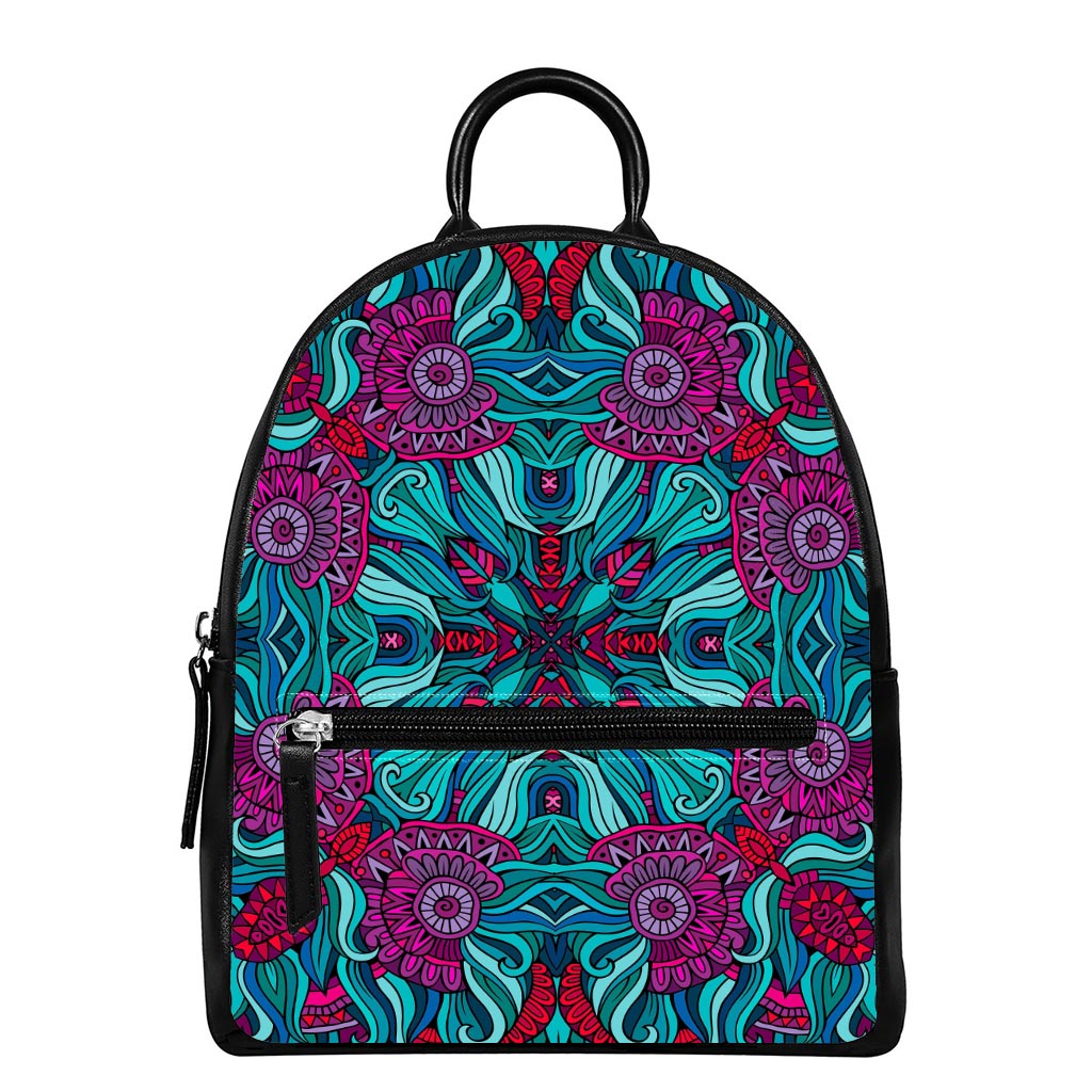 Ethnic Teal Bohemian Pattern Print Leather Backpack