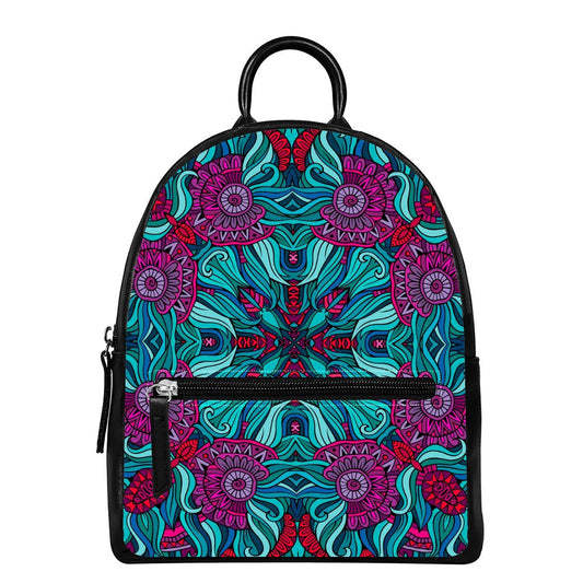 Ethnic Teal Bohemian Pattern Print Leather Backpack