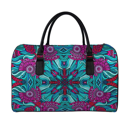 Ethnic Teal Bohemian Pattern Print Leather Duffle Bag