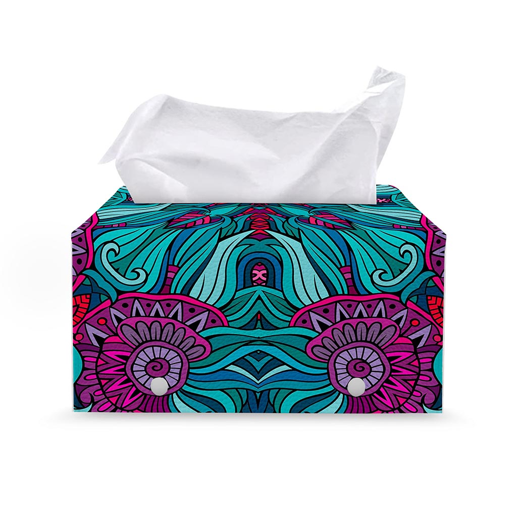 Ethnic Teal Bohemian Pattern Print Leather Tissue Box Cover