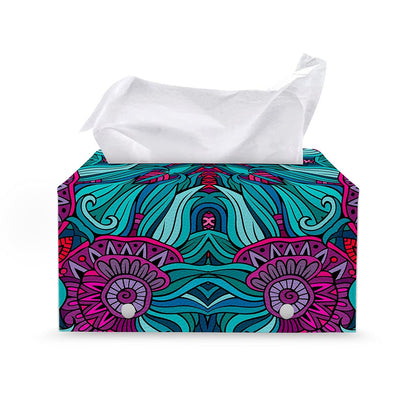 Ethnic Teal Bohemian Pattern Print Leather Tissue Box Cover