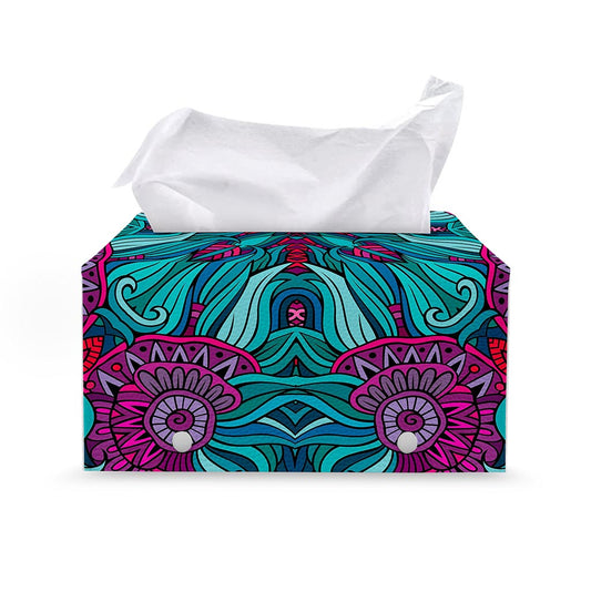 Ethnic Teal Bohemian Pattern Print Leather Tissue Box Cover