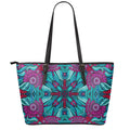 Ethnic Teal Bohemian Pattern Print Leather Tote Bag With Zipper