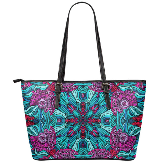 Ethnic Teal Bohemian Pattern Print Leather Tote Bag