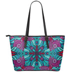 Ethnic Teal Bohemian Pattern Print Leather Tote Bag