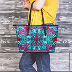 Ethnic Teal Bohemian Pattern Print Leather Tote Bag
