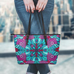 Ethnic Teal Bohemian Pattern Print Leather Tote Bag