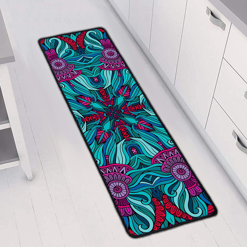 Ethnic Teal Bohemian Pattern Print Long Kitchen Mat