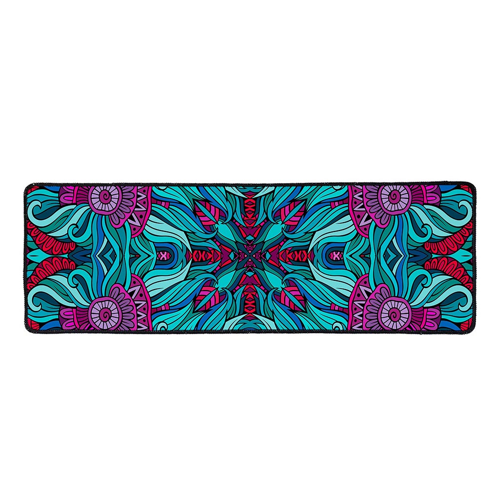 Ethnic Teal Bohemian Pattern Print Long Kitchen Mat