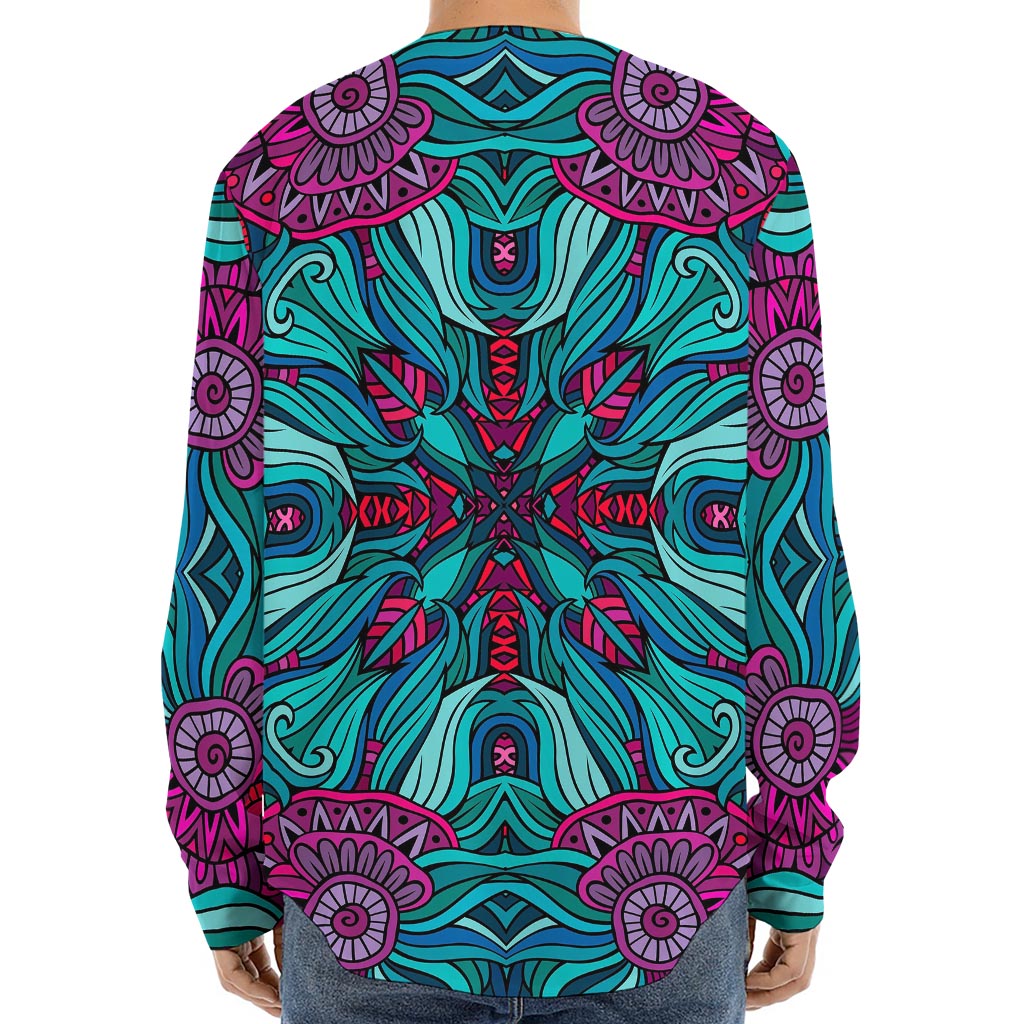 Ethnic Teal Bohemian Pattern Print Long Sleeve Baseball Jersey