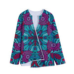 Ethnic Teal Bohemian Pattern Print Long Sleeve Short Coat