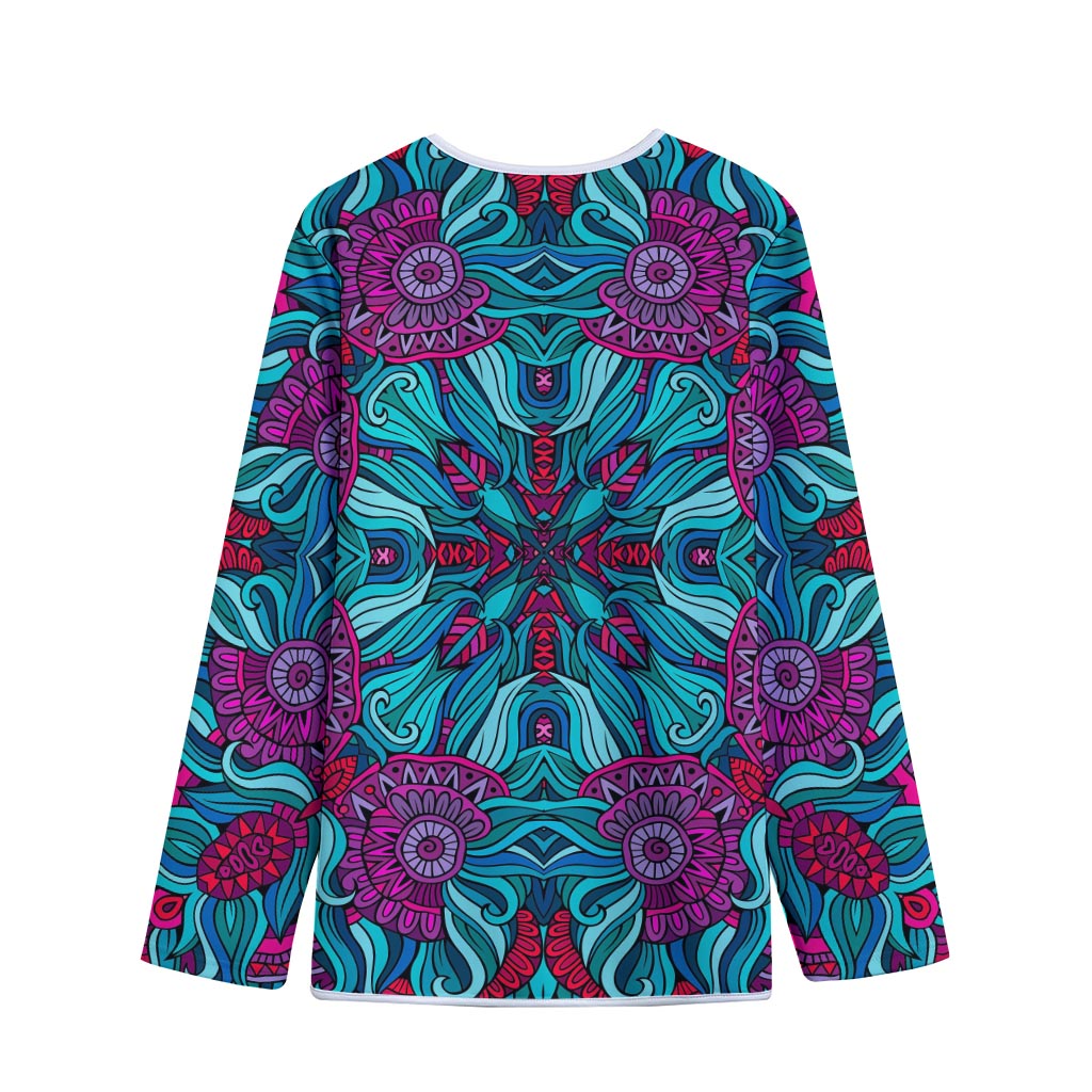 Ethnic Teal Bohemian Pattern Print Long Sleeve Short Coat