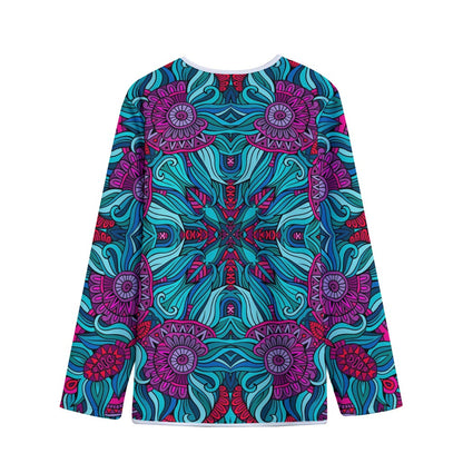 Ethnic Teal Bohemian Pattern Print Long Sleeve Short Coat