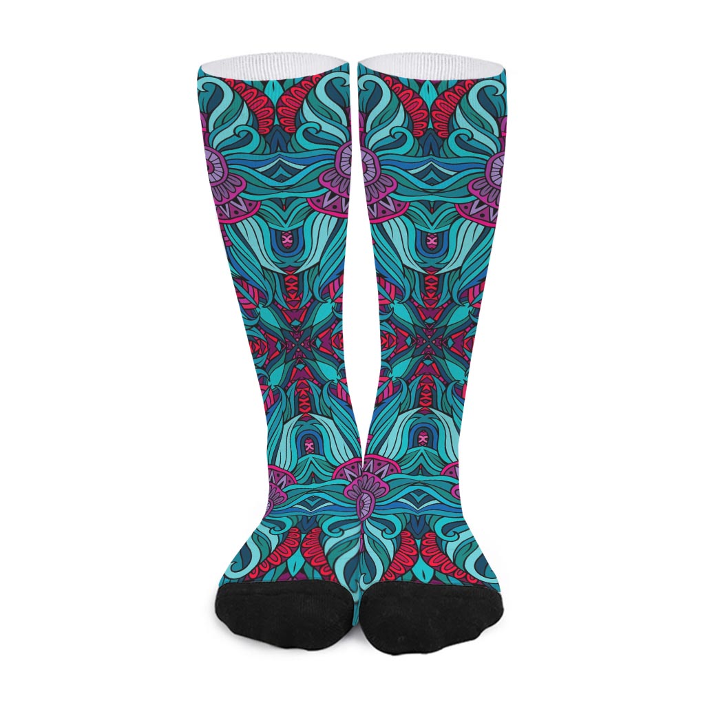 Ethnic Teal Bohemian Pattern Print Long Socks