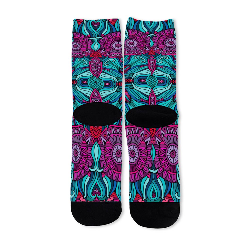 Ethnic Teal Bohemian Pattern Print Long Socks