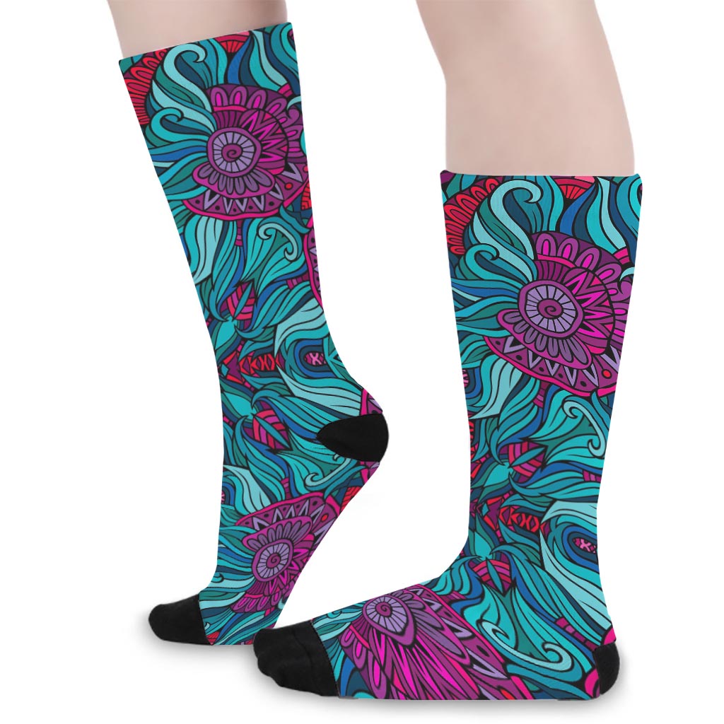 Ethnic Teal Bohemian Pattern Print Long Socks