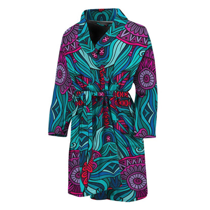 Ethnic Teal Bohemian Pattern Print Men's Bathrobe