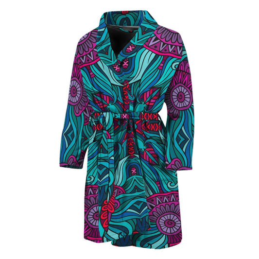 Ethnic Teal Bohemian Pattern Print Men's Bathrobe
