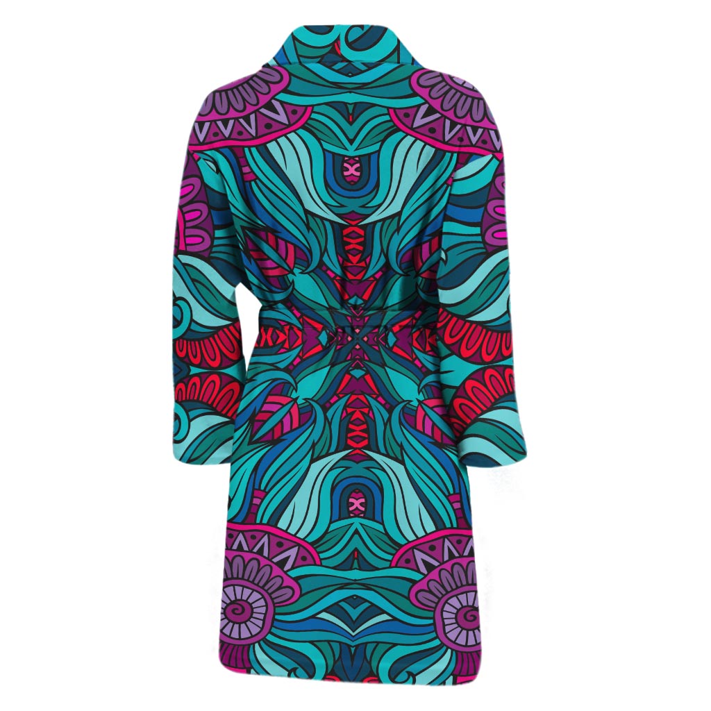 Ethnic Teal Bohemian Pattern Print Men's Bathrobe