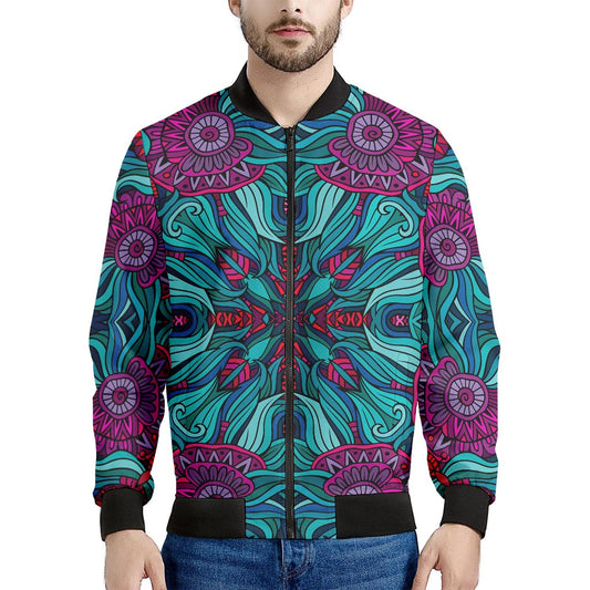 Ethnic Teal Bohemian Pattern Print Men's Bomber Jacket