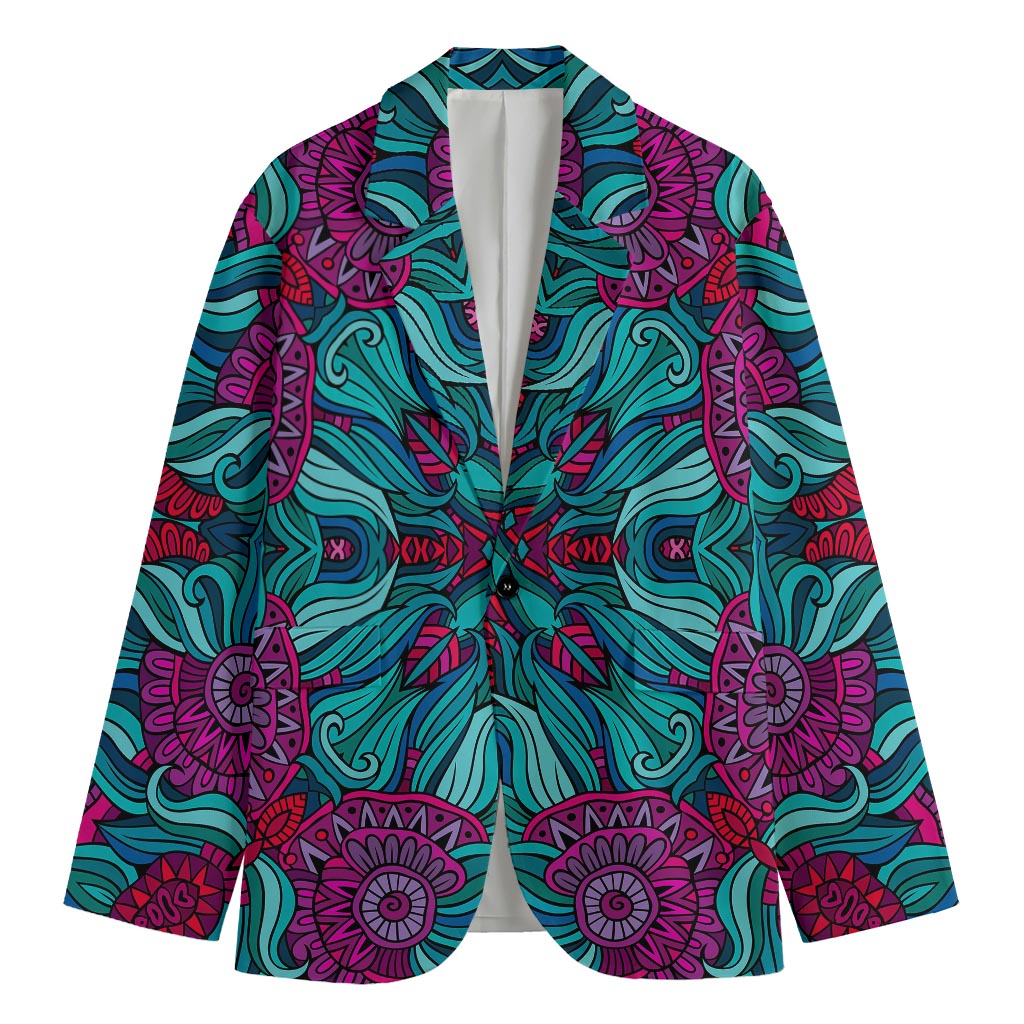 Ethnic Teal Bohemian Pattern Print Men's Cotton Blazer